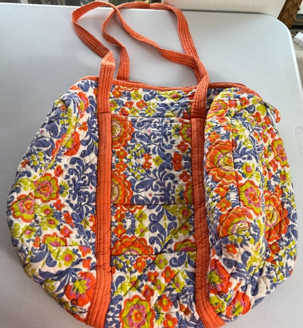 Ocean Collections Tote Bag Large Quilted Orange Floral Inner And Outer Pocket